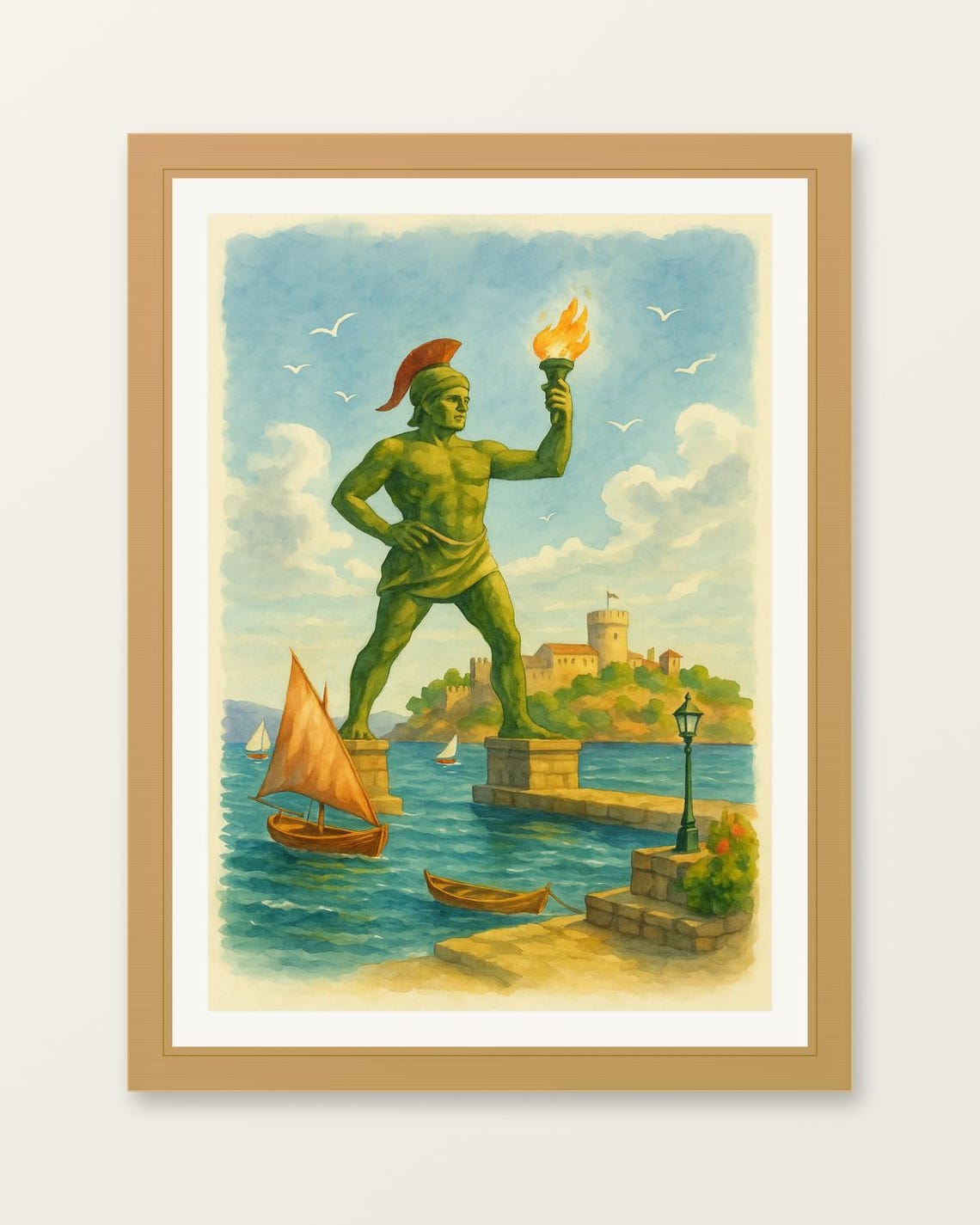 Colossus Of Rhodes Greece Ancient Harbor Statue Watercolor Poster