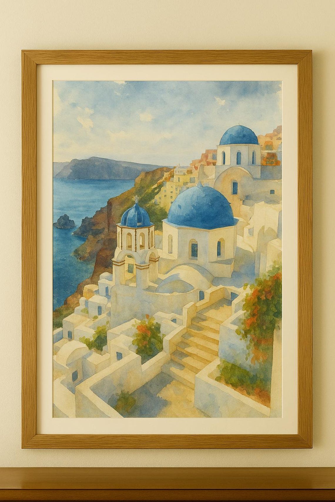 Santorini Greece Blue Dome Churches Watercolor Mediterranean Poster