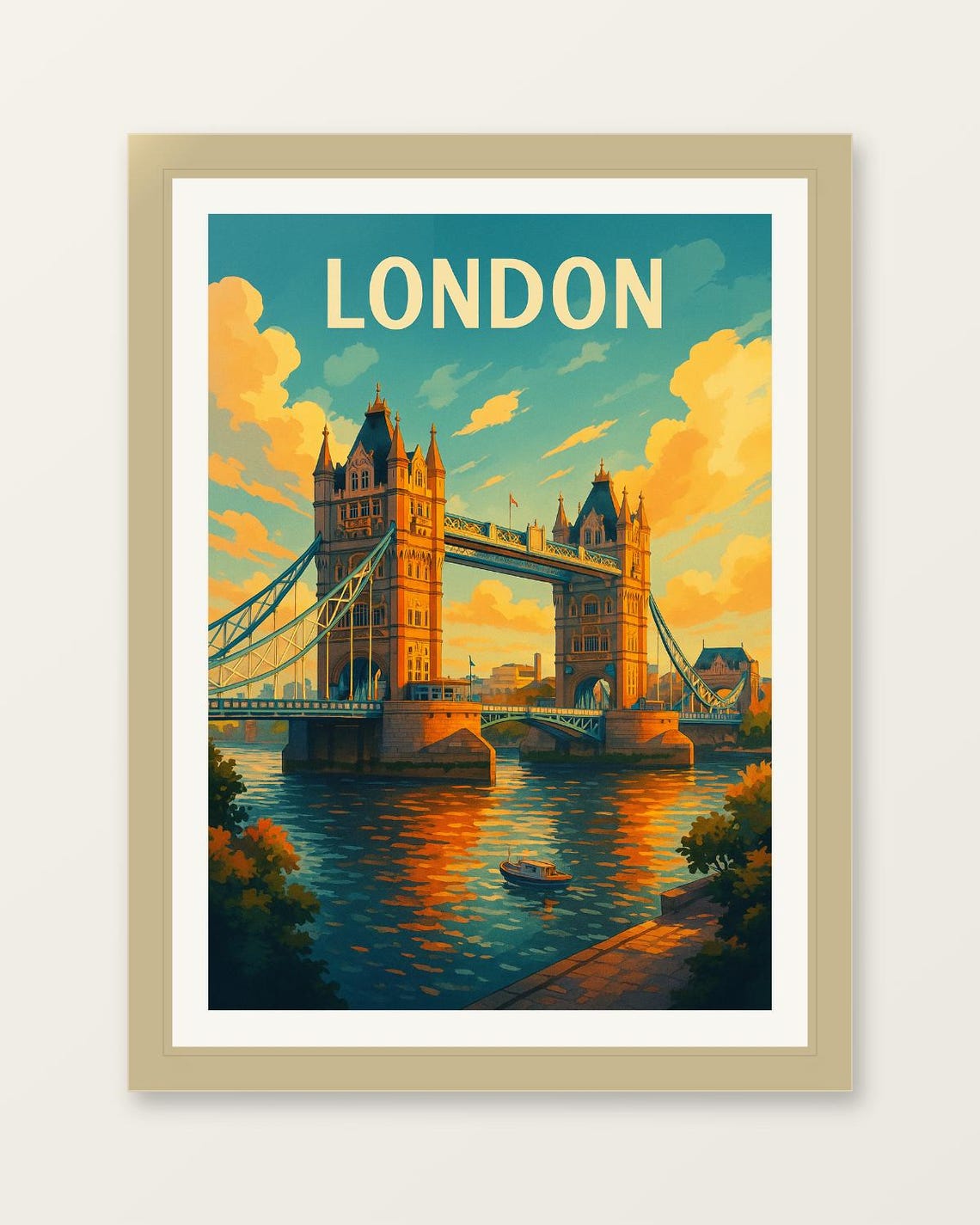 London Tower Bridge Sunset Clouds Over Thames Golden Sky Travel Poster