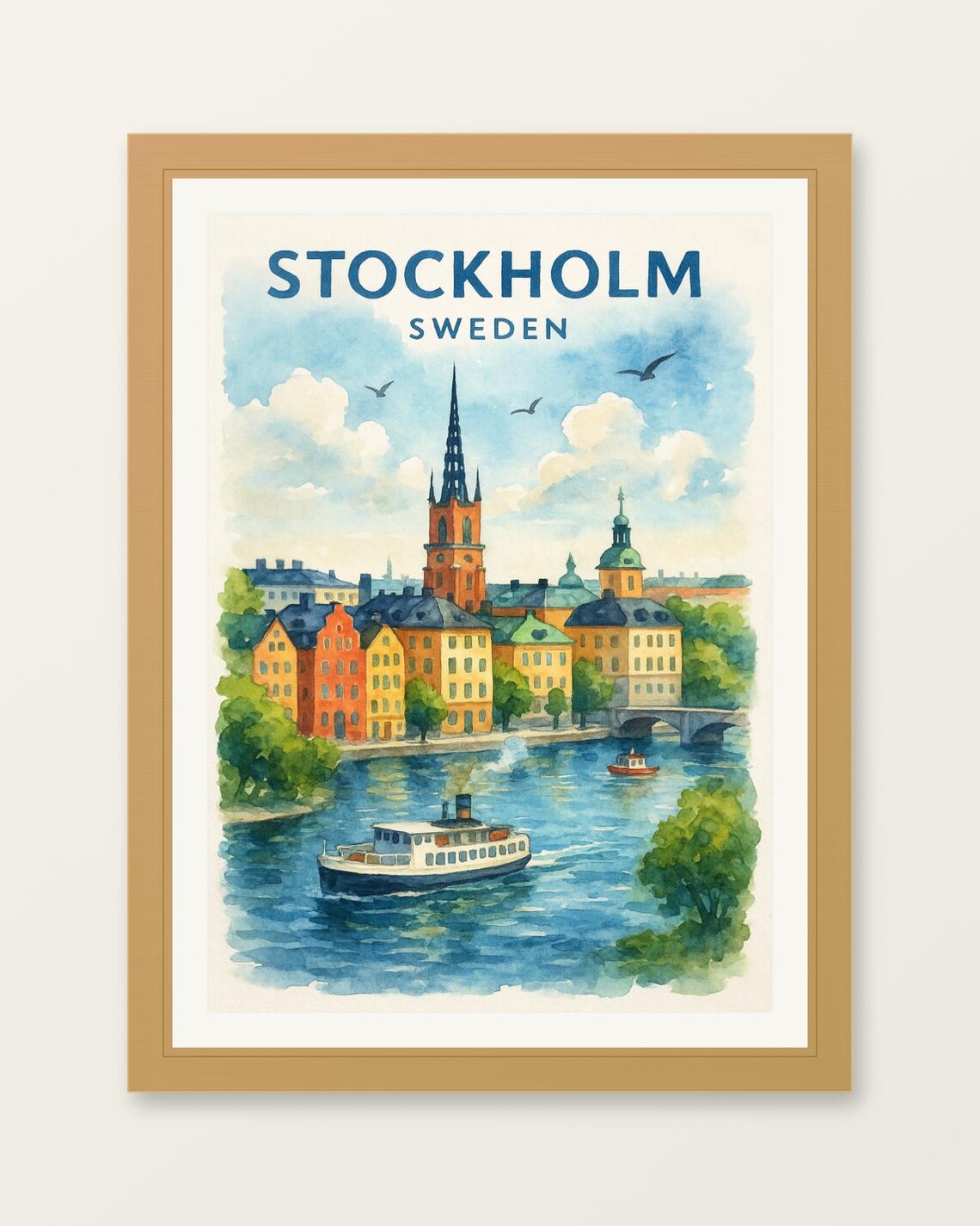 Stockholm Sweden Watercolor Travel Poster with Gamla Stan Harbor
