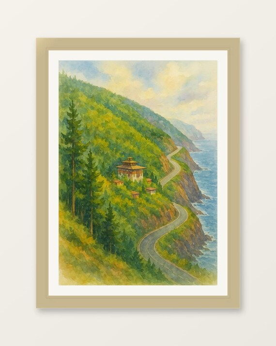 Cape Breton Coastal Road Watercolor Forest Cliff Ocean View Poster