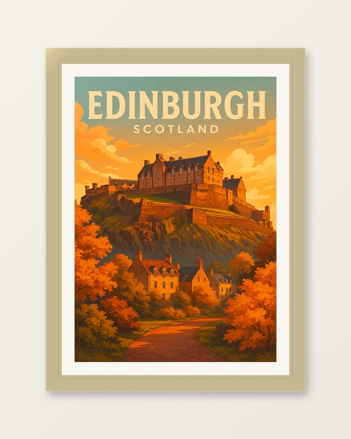 Edinburgh Scotland Castle On Rock Autumn Sunset Golden Travel Poster