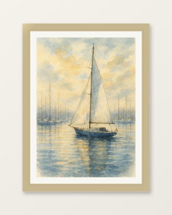 Golden Hour Sailboat Harbor Watercolor Nautical Serene Poster
