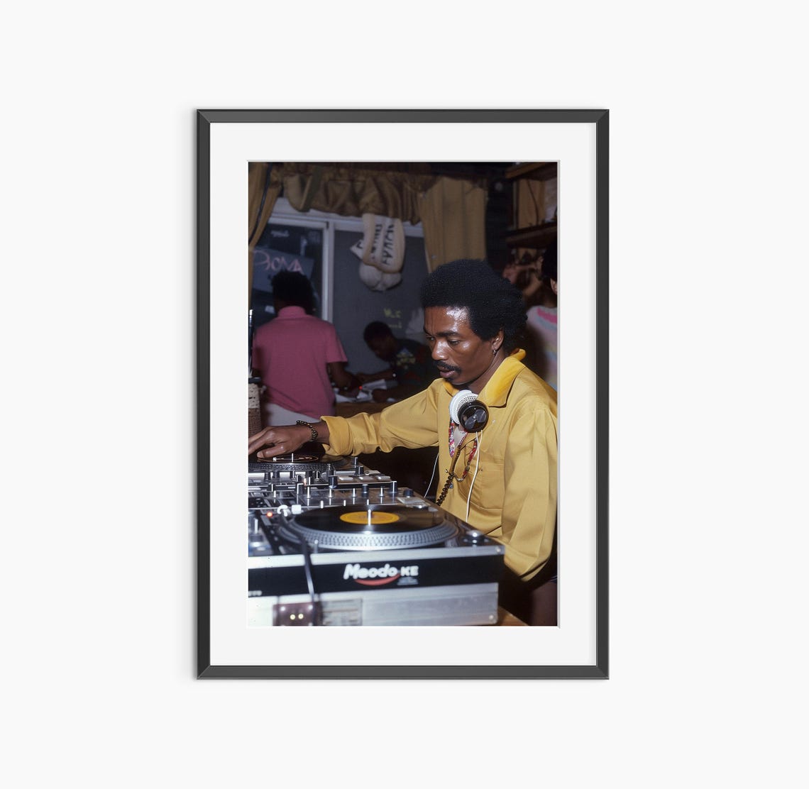 Vintage DJ Spinning Records on Turntables Retro Music Scene Poster
