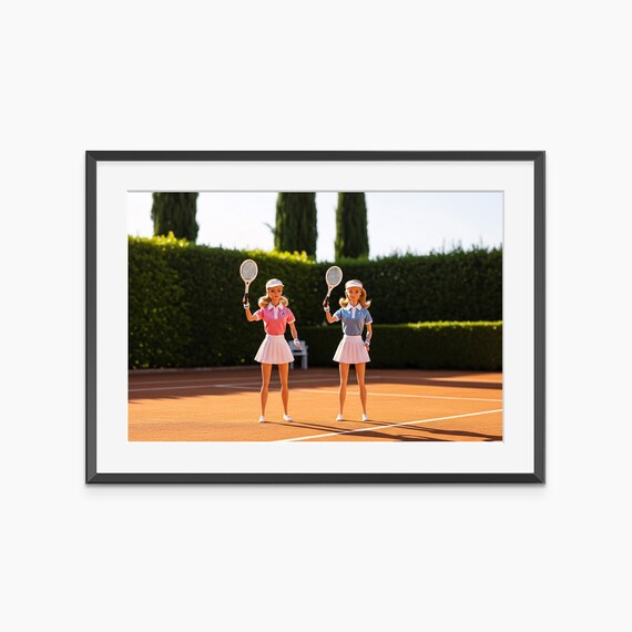 Tennis Besties Holding Rackets on Clay Court Preppy Sport Style Poster