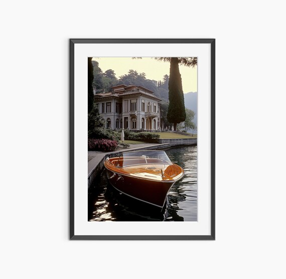Classic Wooden Speedboat Lakeside Italian Villa Old Money Photography Poster