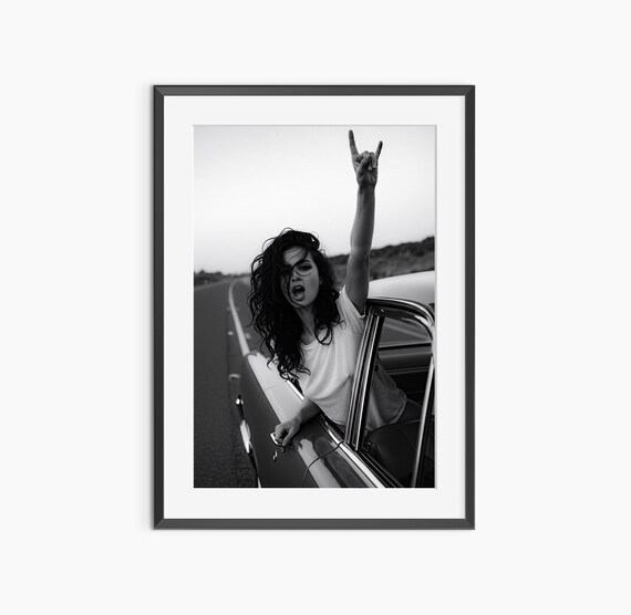 Bold Rock On Hand Sign Woman Classic Car Black White Photo Print