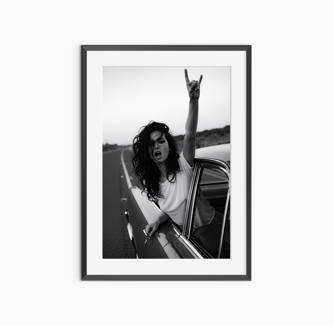 Bold Rock On Hand Sign Woman Classic Car Black White Photo Print