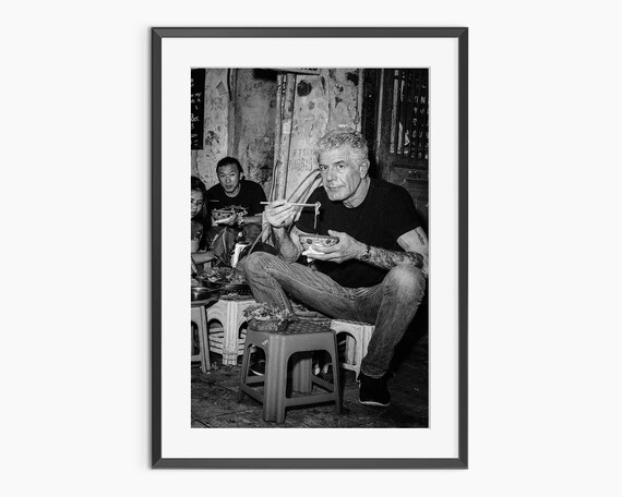Anthony Bourdain Eating Noodles Street Food Black And White Photo Poster