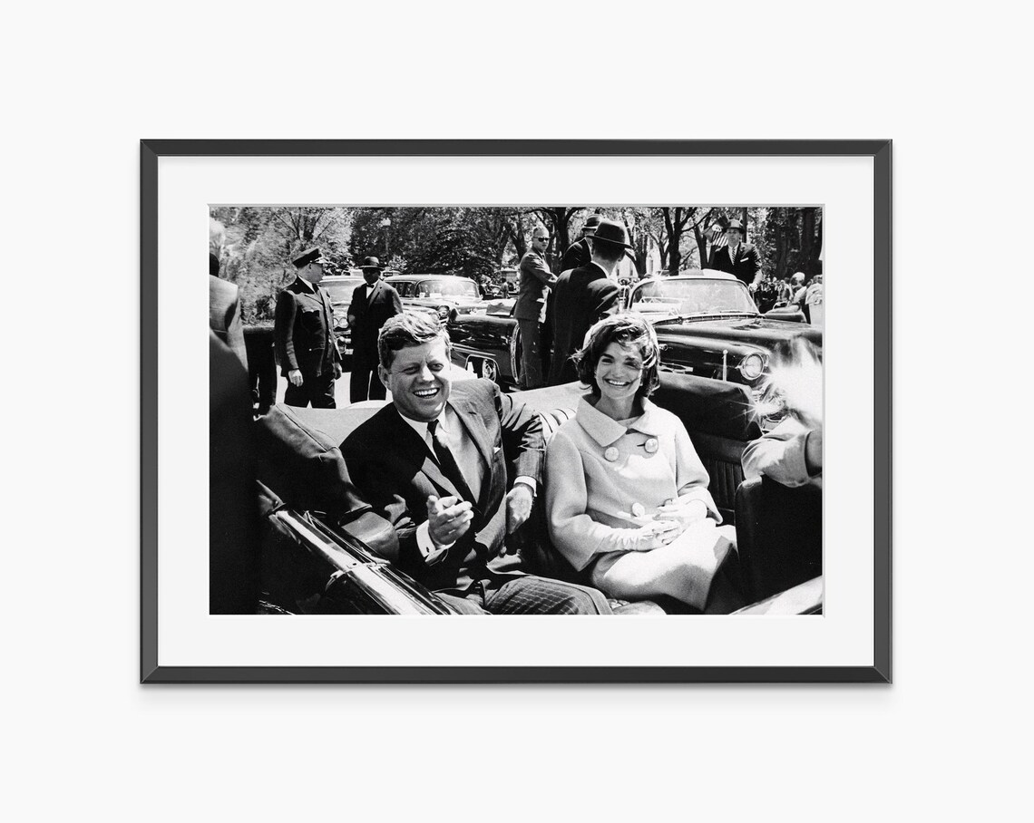 John F Kennedy and Jacqueline Motorcade Ride Black and White Photo Poster