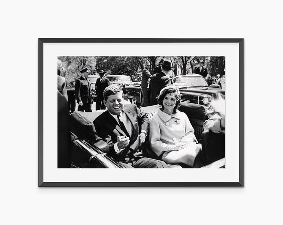 John F Kennedy and Jacqueline Motorcade Ride Black and White Photo Poster