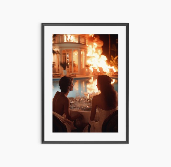 Poolside Dinner Burning Villa Night Surreal Fine Art Photo Poster