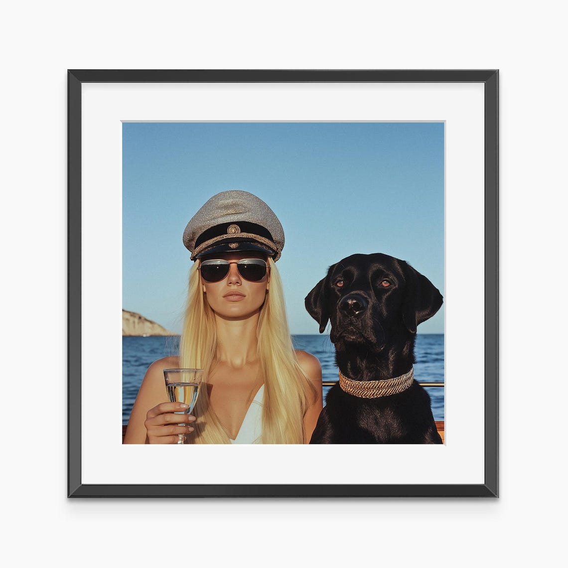 Blonde Captain Hat Sunglasses Yacht Woman Black Labrador Poster