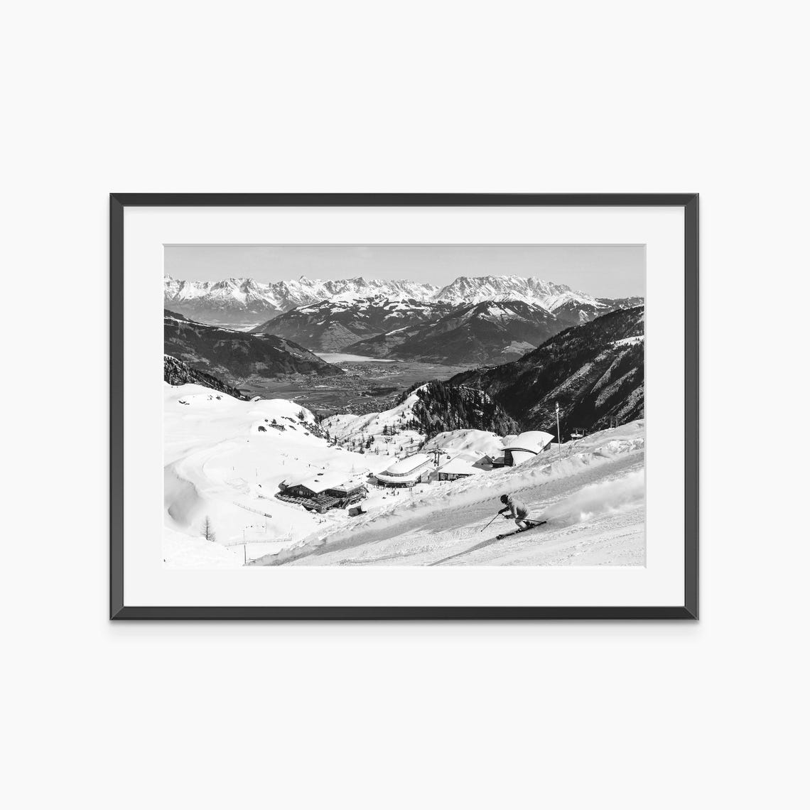 Black and White Skier Descending Snowy Slope Vintage Ski Resort Poster