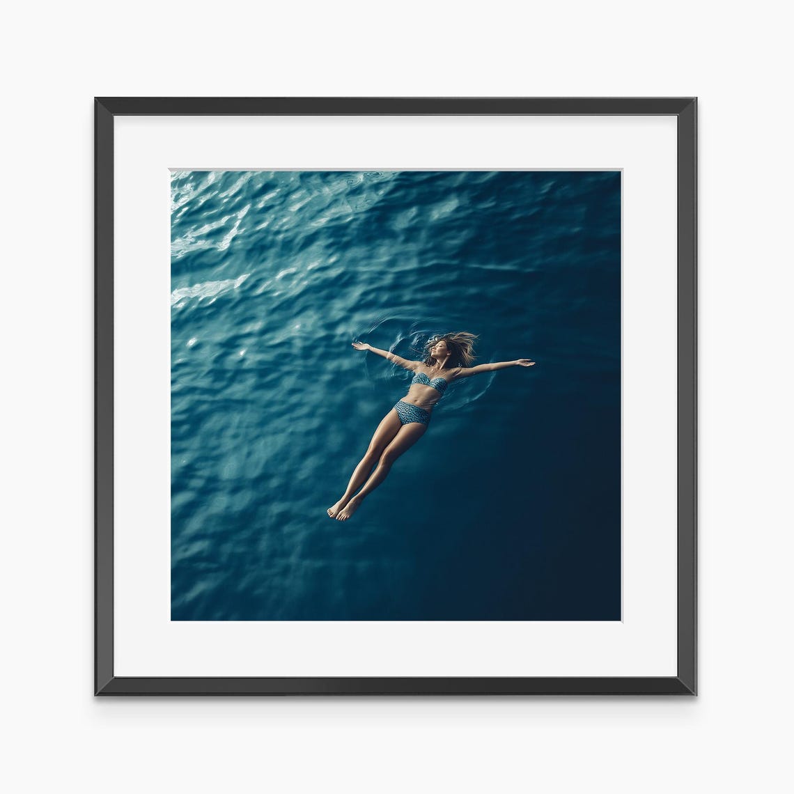 Woman Floating In Deep Blue Ocean Aerial Swim Serenity Photo Poster