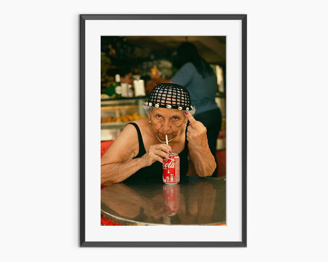 Hilarious Middle Finger Granny Sipping Soda Photography Poster