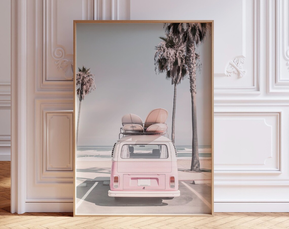Pink Vintage Van With Surfboards Beach Palm Trees Photo Poster