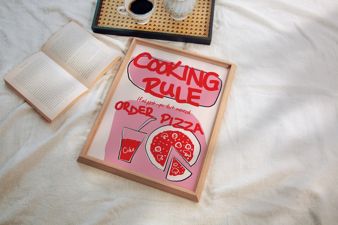Cooking Rule Order Pizza Funny Kitchen Quote Pink Art Poster - Image 2