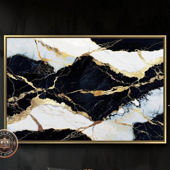 Luxurious Black And White Marble Framed Print Gold Veins Abstract Wall Art Trendy Painting Print Decor Gift Ready To Hang