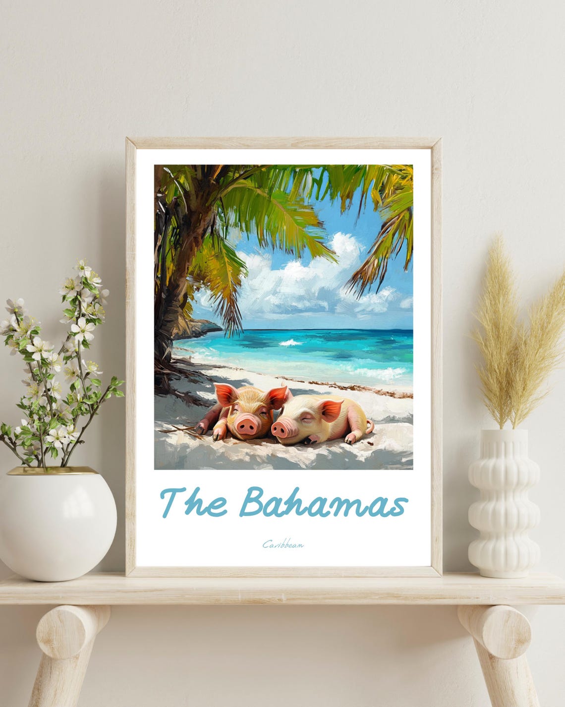 Tropical Pig Beach Bahamas Travel Poster, Exuma
