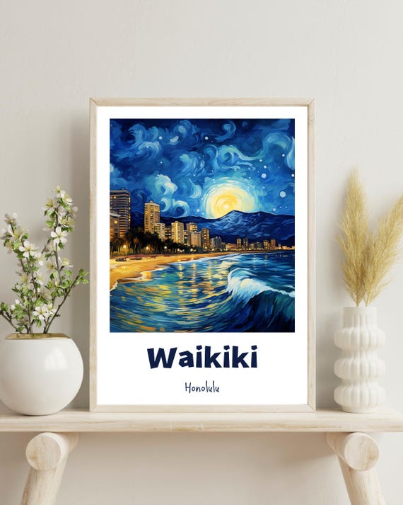 Waikiki Beach, Honolulu Hawaii Tropical Art Poster