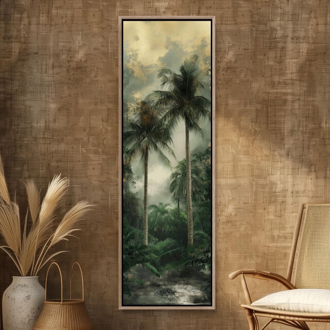 Tall Misty Palm Trees In A Tropical Jungle Vertical Wall Art
