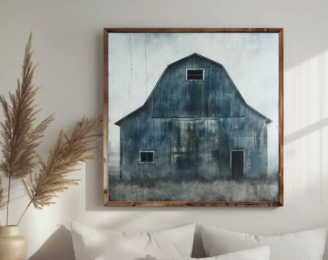 Old Blue Barn Painting, Rustic Farmhouse Art Print