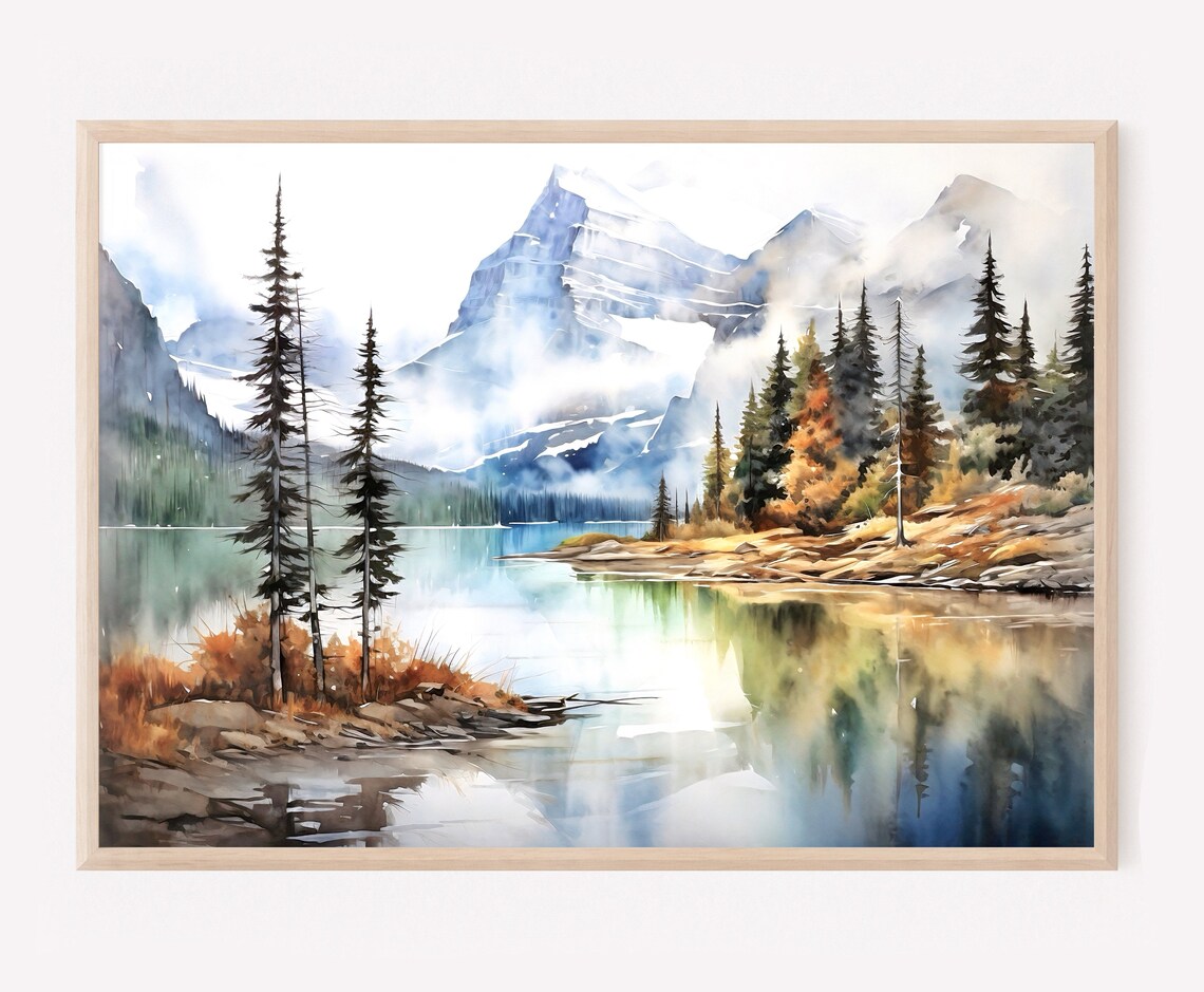 Banff Mountain Lake Watercolor Soft Canadian Rockies Art Poster