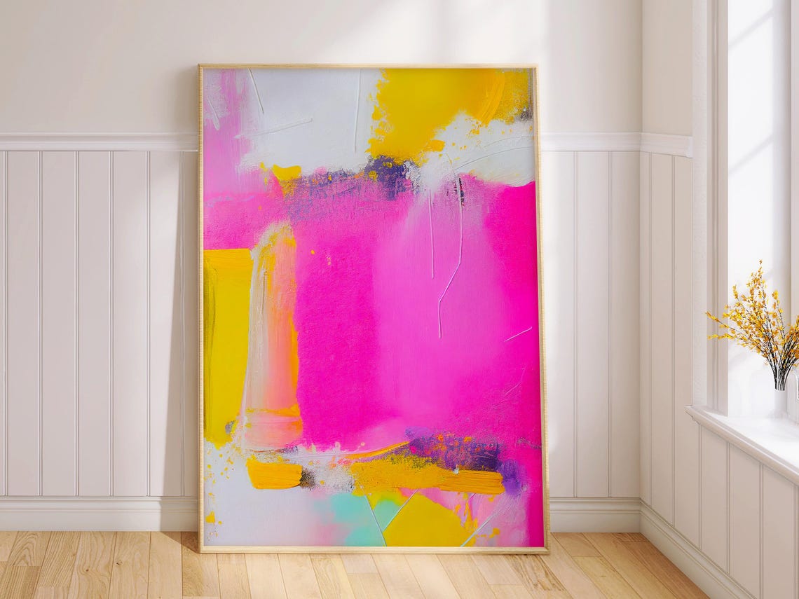 Fuchsia Pink Golden Yellow Brushstroke Dramatic Abstract Poster - Image 2