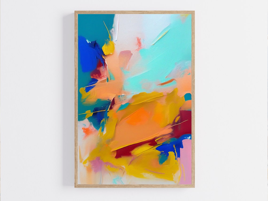 Teal Mustard and Blue Expressive Abstract Modern Brushwork Poster - Image 4