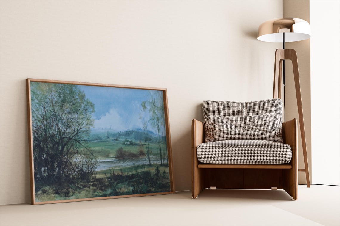 Serene Countryside River Landscape Trees Blue Sky Oil Art Poster - Image 4