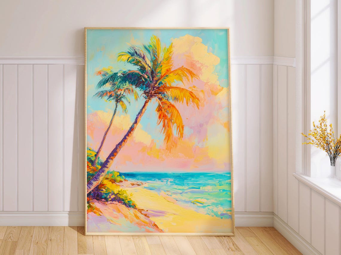Leaning Palm Tree Tropical Beach Sunset Pastel Ocean Painting Wall Art - Image 2