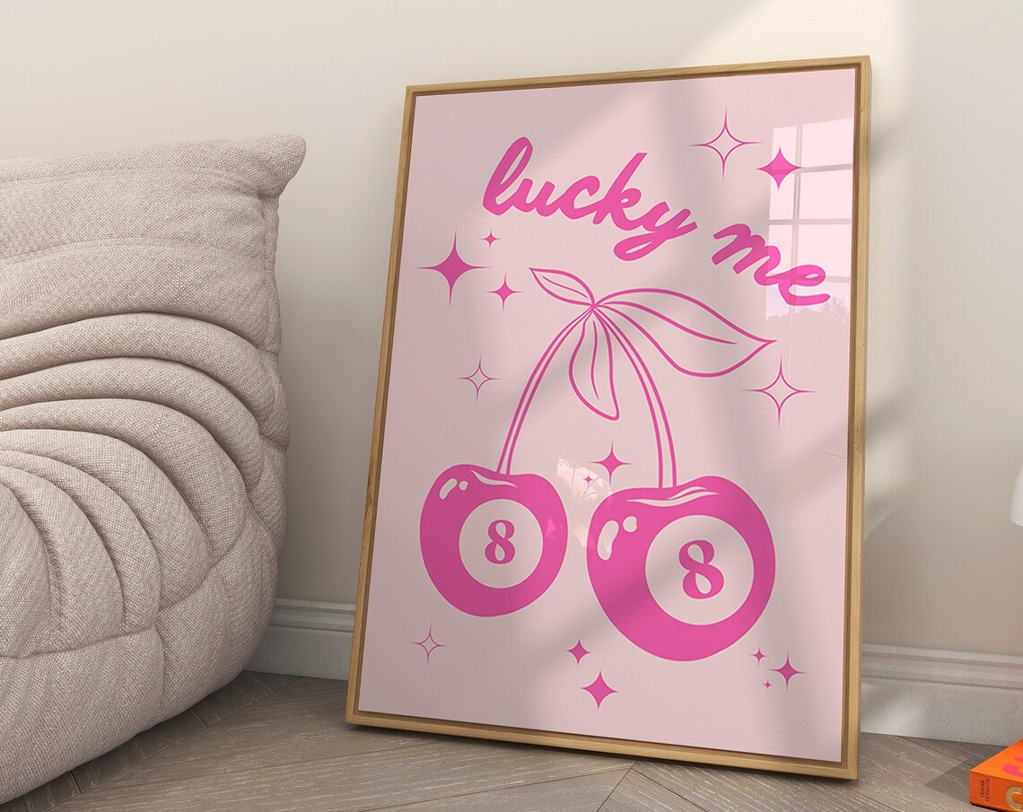 Lucky Me Pink Cherries 8 Ball Retro Pop Art Trendy Decor Poster - Image 2