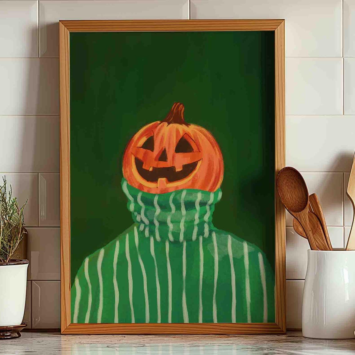 Emerald Green Pumpkin Art Print Cute Halloween Dark Home Decor Artwork And Orange Painting Shipped Wall