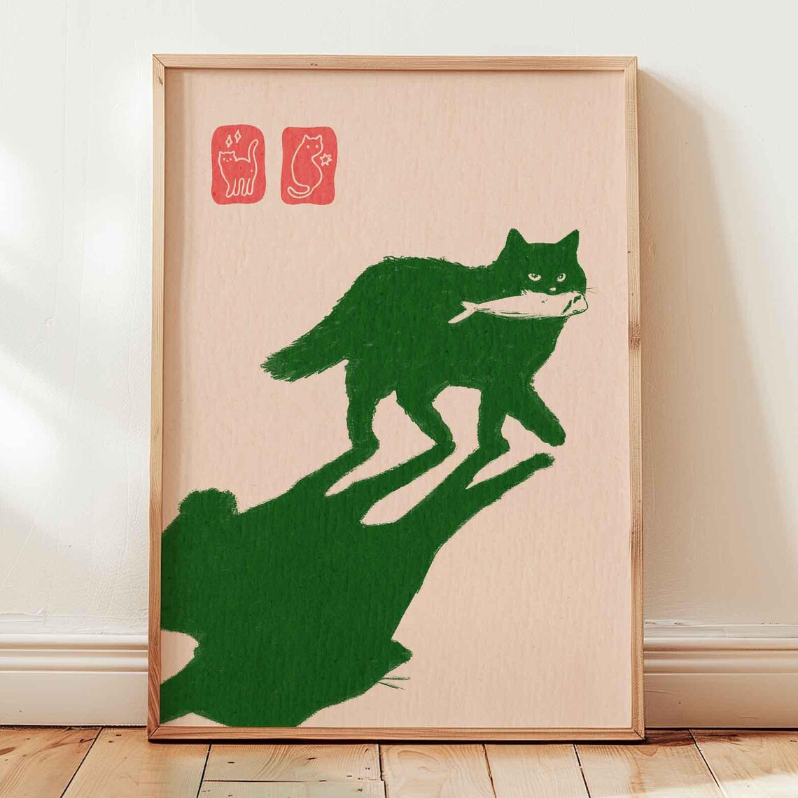 Cat With A Fish Japandi Funny Wall Art Print