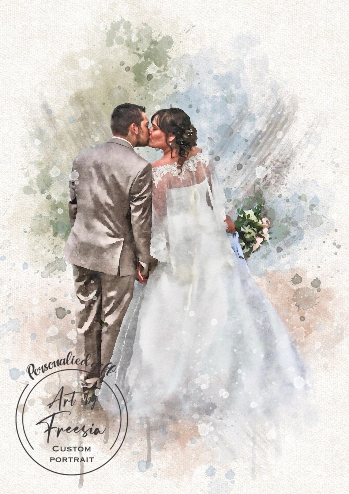 Bride and Groom Kissing Watercolor Wedding Day Custom Portrait Poster