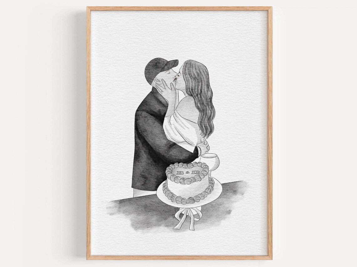 Black and White Couple Kissing Behind Birthday Cake Portrait Poster