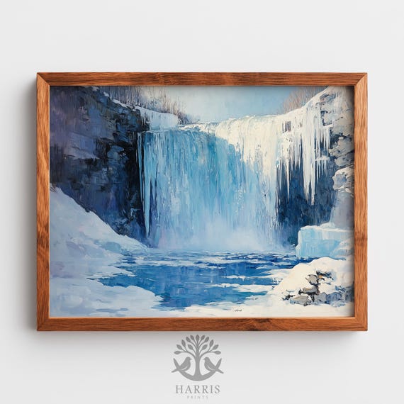 Moody Winter Waterfall Art Serene Frozen Landscape Icy Cliffs And Icicles Vintage Cooltoned Wall Decor 532