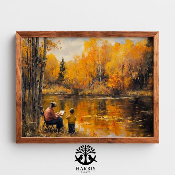 Autumn Painting Artist With Child By Lakeside Family Rustic Scene Cozy Fall Foliage Wall Art Traditional 254
