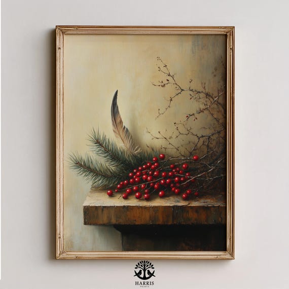 Rustic Pine Branch And Red Berries Still Life Moody Vintage Art Cozy Farmhouse Holiday Decor Wall 486