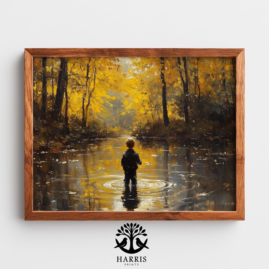 Child Wading Autumn Forest Stream Golden Oil Painting Wall Art