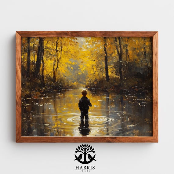 Moody Autumn Solitary Boy At Forest Lake Rustic Oil Painting Warm Golden Landscape Art Fall Wall Decor 265