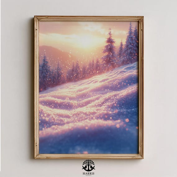 Snowy Rolling Hills At Sunrise Moody Winter Landscape Art Pastel Dawn Scene Cozy Vintage Decor 454