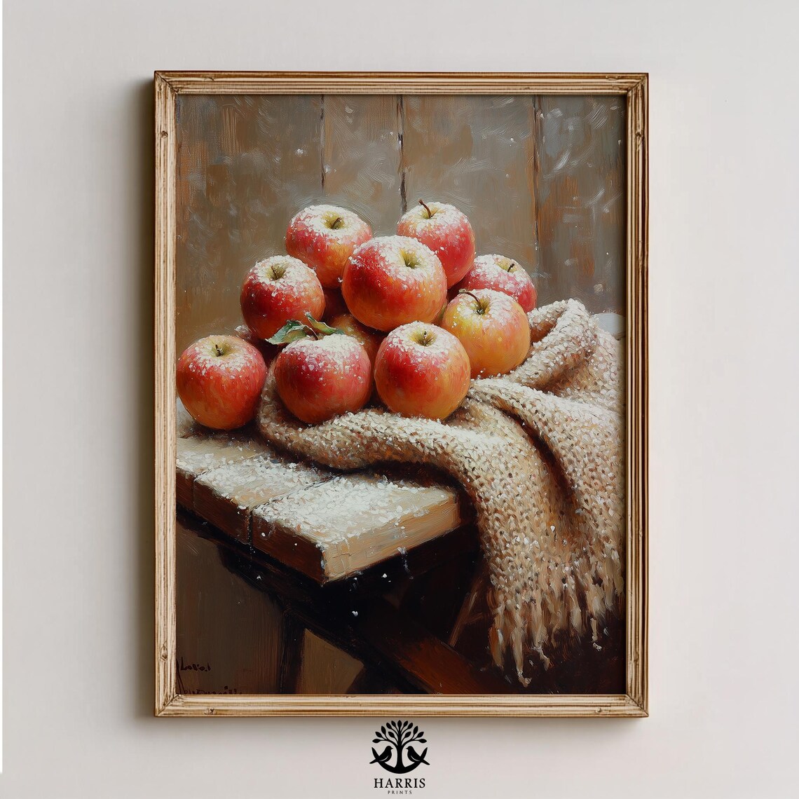 Winter Frost Apples On Burlap Cloth Cozy Farmhouse Kitchen Poster
