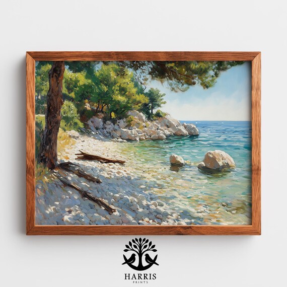 Mediterranean Pebble Beach Pines Clear Turquoise Water Oil Print
