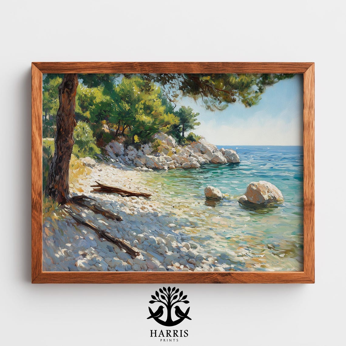 Mediterranean Pebble Beach Pines Clear Turquoise Water Oil Print