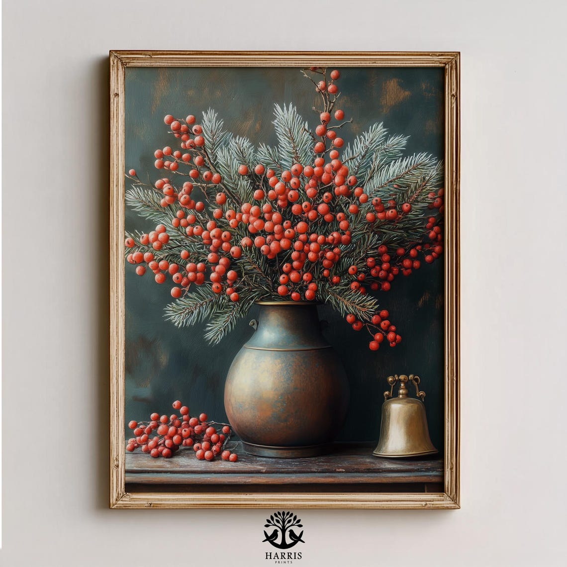 Winter Red Berries Pine Branches Bronze Vase Still Life Art Print