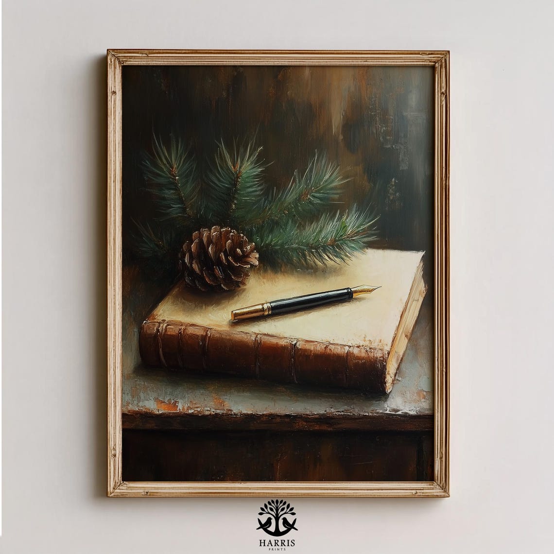 Vintage Book Fountain Pen Pinecone Moody Winter Still Life Poster