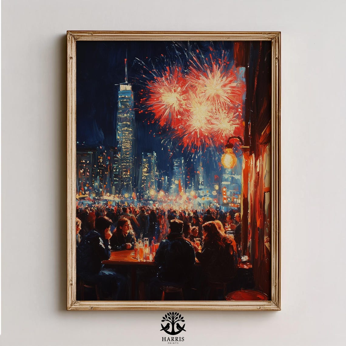 Manhattan Night Fireworks Bar Crowd Celebration Skyline Art Print