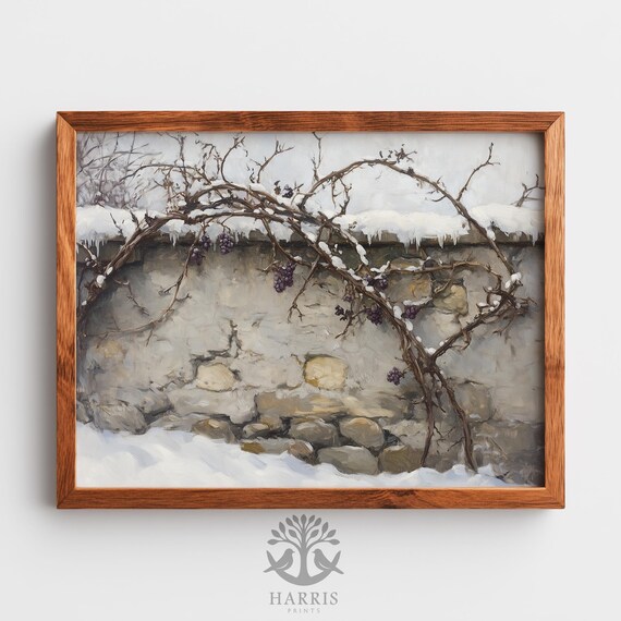 Moody Winter Vines Rustic Textured Painting With Snow Neutral Farmhouse Wall Art Decor Vintage Botanical Scene 584